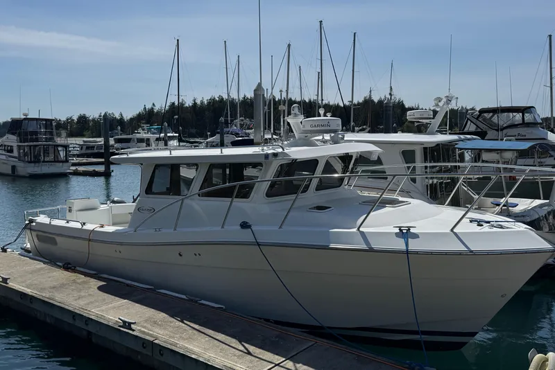 Slide: The Image of 2010 Ocean Sport Roamer boat docked at marina, surrounded by other vessels. - 4