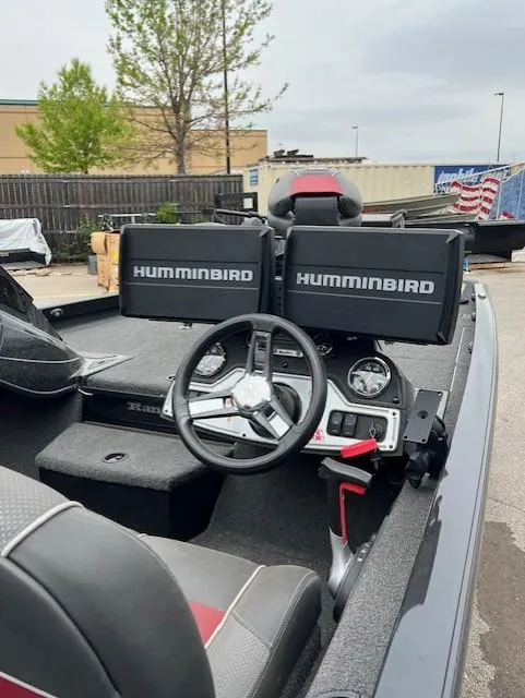 Slide: The Image of 2018 Ranger RT 198P boat cockpit with dual Humminbird displays and steering wheel. - 3