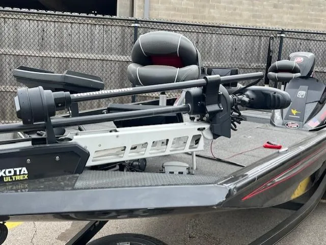 Slide: The Image of 2018 Ranger RT 198P boat with Minn Kota Ultrex trolling motor, gray interior, and seating. - 5