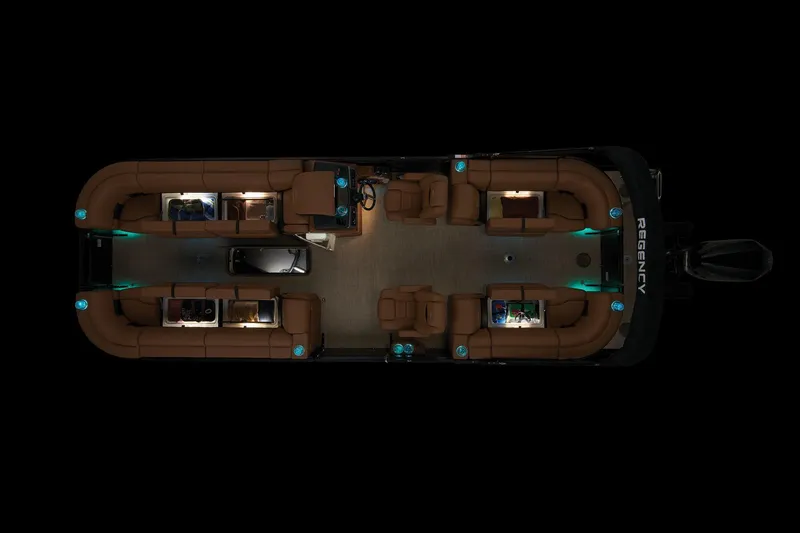 Slide: The Image of 2023 Regency 250 LE3 pontoon boat interior with ambient lighting and luxurious seating. - 21