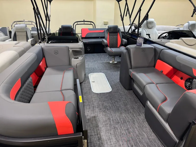 Slide: The Image of 2025 Godfrey Sweetwater 2286 SFLC pontoon boat interior with gray and red seating. - 7