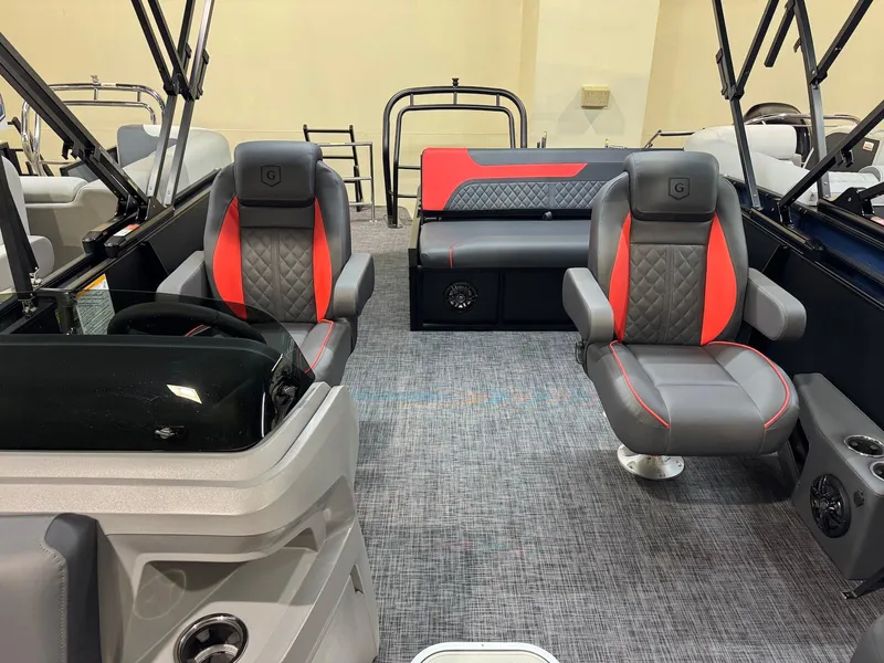 Slide: The Image of 2025 Godfrey Sweetwater 2286 SFLC boat interior with modern seating and sleek design. - 8