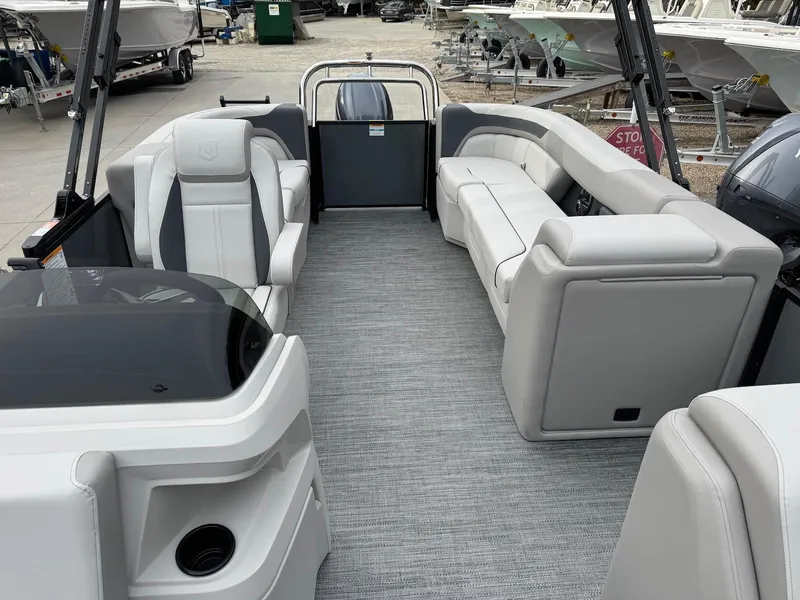 Slide: The Image of 2025 Godfrey Sweetwater 2086 SB pontoon boat interior with modern seating and sleek design. - 9
