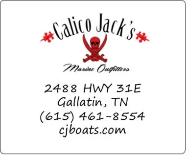 Slide: The Image of Calico Jack's Marine Outfitters contact card with skull logo, Gallatin, TN. - 6