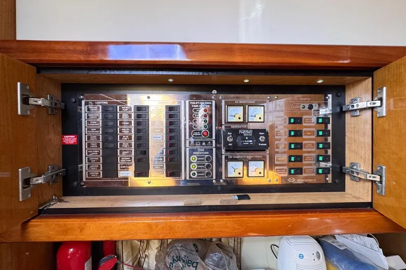 Slide: The Image of Electrical control panel of a 2004 Sunseeker Sportfisher 37 boat, featuring various switches and gauges. - 112
