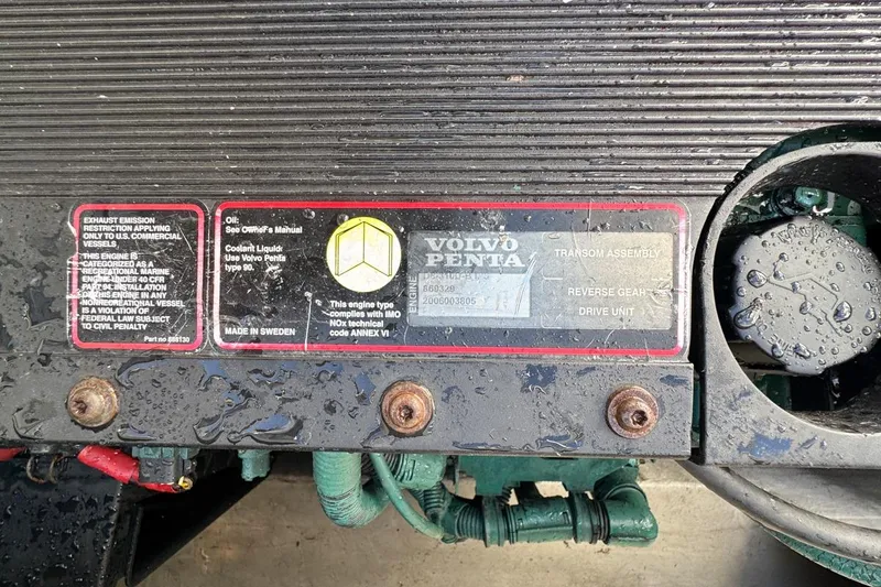 Slide: The Image of Volvo Penta engine label on 2004 Sunseeker Sportfisher 37, showing specifications and compliance details. - 124