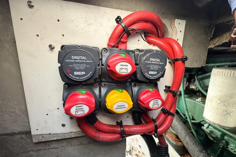 Slide: The Image of Electrical panel with voltage sensitive relays on a 2004 Sunseeker Sportfisher 37 boat. - 81