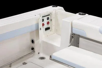 Slide: The Image of 2025 Robalo R257 DC boat interior with control panel and seating. - 26