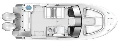 Slide: The Image of 2025 Robalo R257 DC boat layout, featuring dual engines and spacious seating arrangement. - 30