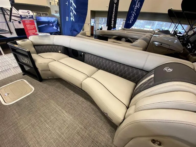 Slide: The Image of 2024 Lusso Ultra-Lounge 25UC boat interior with luxurious seating and modern design. - 11