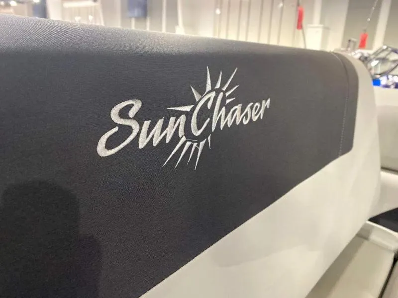 Slide: The Image of SunChaser logo on Geneva Cruise SB 22 boat seat, 2024 model. - 12