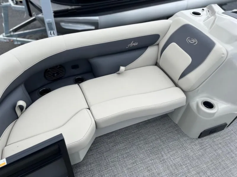 Slide: The Image of 2024 Aria Ultra-Lounge A22UC boat seating with elegant white and gray upholstery. - 5