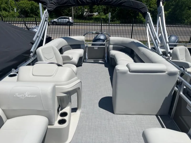 Slide: The Image of 2024 Vista 20 LR pontoon boat with spacious seating and modern design. - 7
