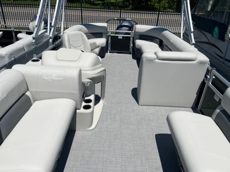 Slide: The Image of 2024 Vista 20 LR pontoon boat interior with spacious seating and modern design. - 5