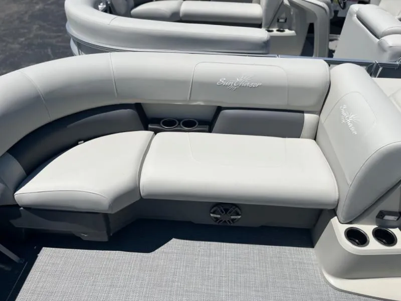 Slide: The Image of Luxurious seating on 2024 Vista 20 LR boat with cup holders and speaker. - 6