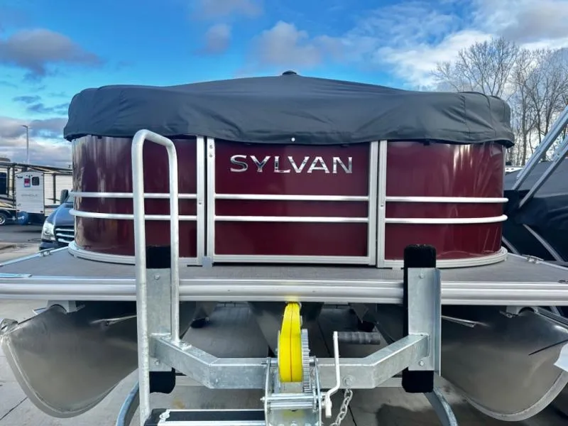 Slide: The Image of 2025 Mirage Cruise 8522 LZ pontoon boat with cover, featuring Sylvan branding. - 3