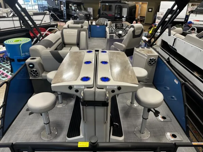 Slide: The Image of Modern 2025 L3 DLZ Bar pontoon boat interior with seating and bar stools. - 17
