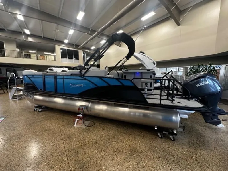Slide: The Image of 2025 L3 DLZ Bar pontoon boat with Yamaha engine in showroom. - 4