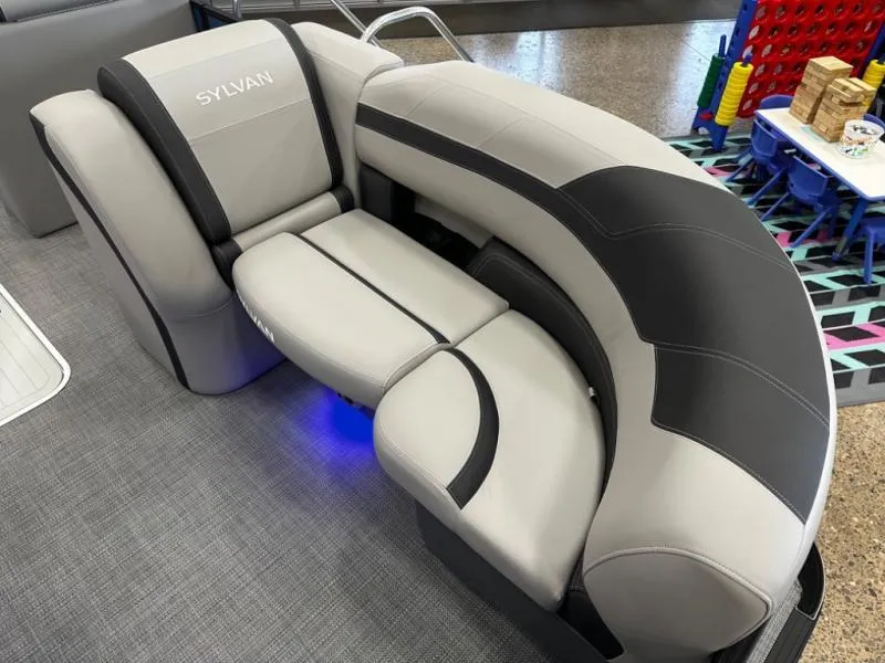Slide: The Image of Luxurious 2025 L3 DLZ Bar boat seating with sleek gray and black design, featuring ambient lighting. - 8