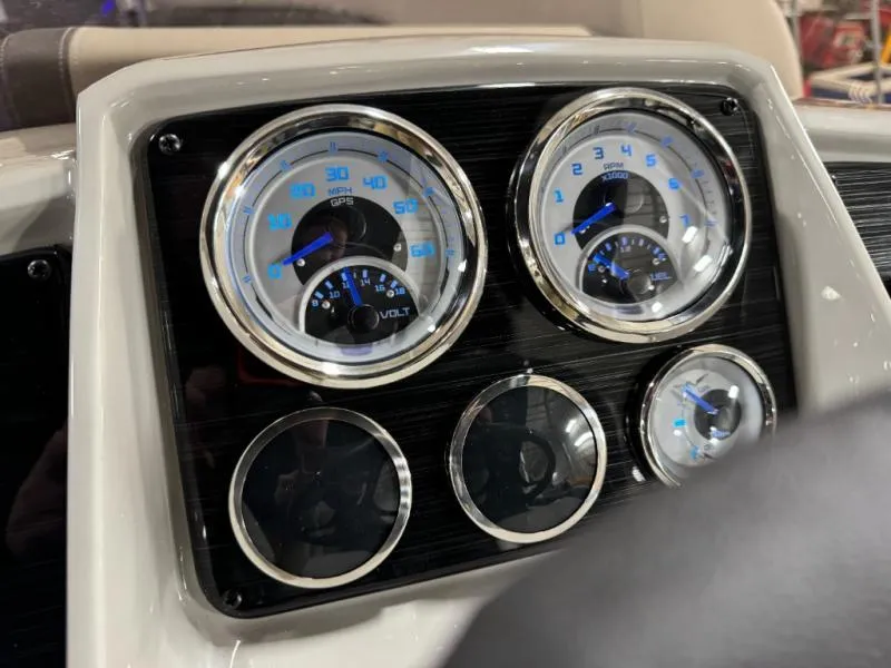 Slide: The Image of Dashboard of 2025 Mirage Cruise 8520 CRS with illuminated gauges and controls. - 19