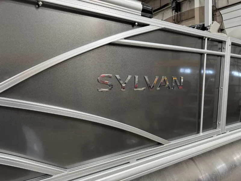 Slide: The Image of 2025 Mirage Cruise 8520 CRS boat with Sylvan branding, metallic finish. - 4