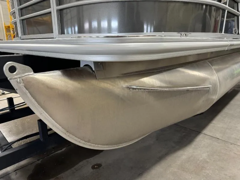 Slide: The Image of 2025 Mirage Cruise 8520 CRS pontoon boat detail in a showroom setting. - 5