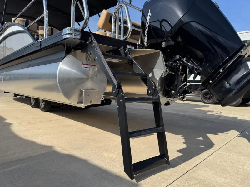 Slide: The Image of 2025 Cabrio Ultra-Entertainer C24UE pontoon boat with ladder and Mercury outboard motor. - 12