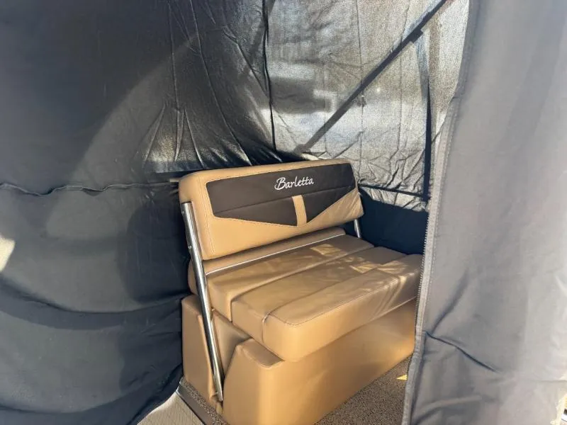 Slide: The Image of Luxurious seating inside 2025 Cabrio Ultra-Entertainer C24UE boat, featuring Barletta branding. - 37