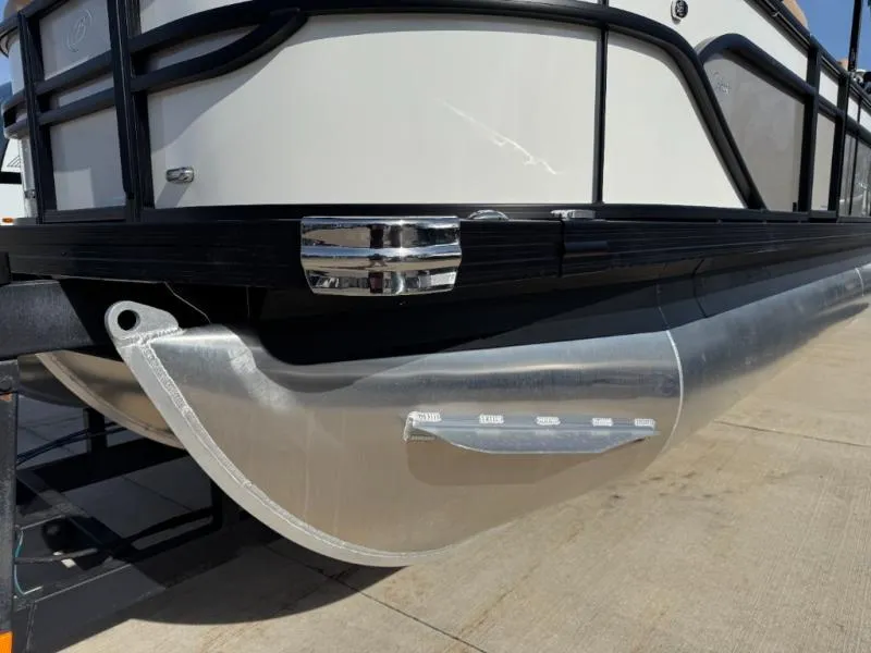 Slide: The Image of 2025 Cabrio Ultra-Entertainer C24UE pontoon boat detail, showcasing sleek aluminum design. - 4