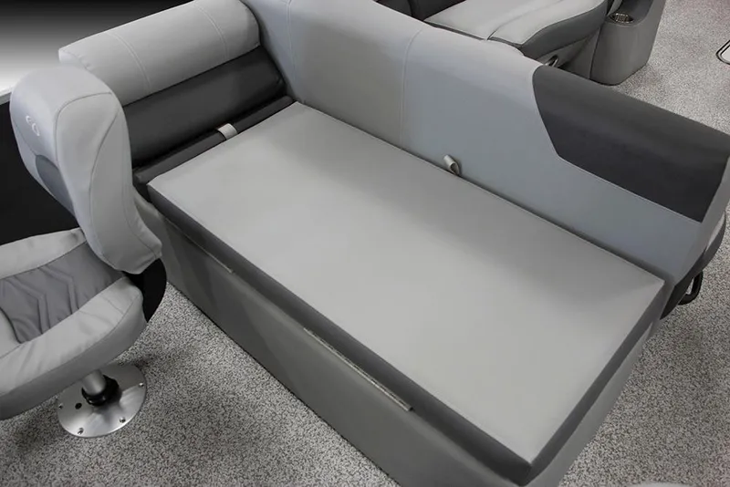 Slide: The Image of 2025 Veranda Fish VF22F4 boat interior with gray seating and modern design. - 13