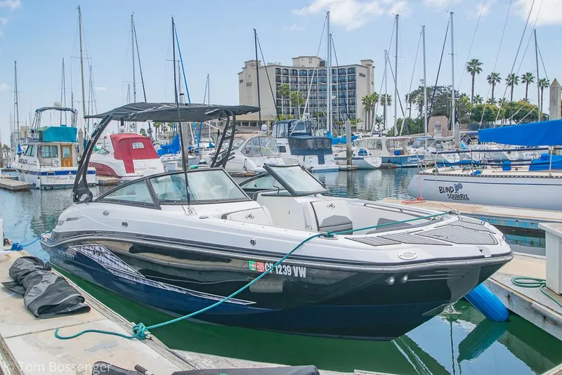 Slide: The Image of 2018 Monterey MX6 Surf Edition boat docked in a marina with sailboats. - 3