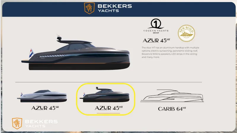 Slide: The Image of Bekkers Yachts AZUR 45HT Outboard Version, 2026 model, sleek design with multiple configurations. - 10