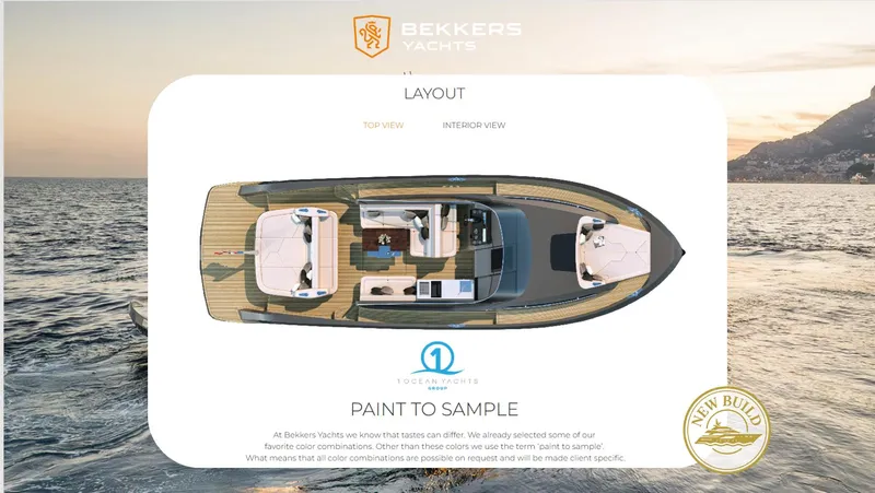 Slide: The Image of Bekkers Yachts AZUR 45HT 2026, top view layout, luxury design on ocean backdrop. - 12