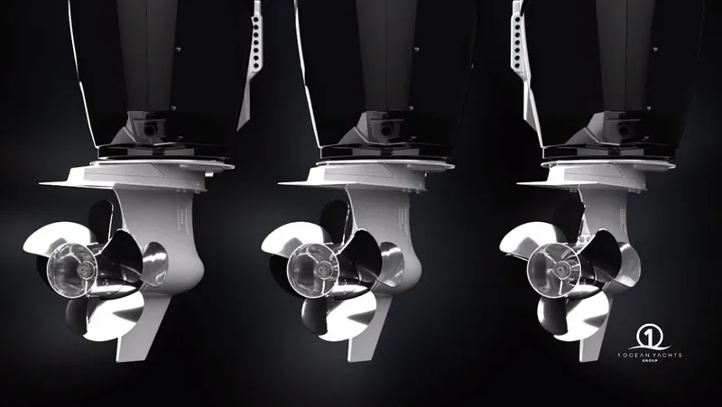 Slide: The Image of Three outboard motors of the 2026 Bekkers Yachts AZUR 45HT, showcasing sleek propeller design. - 16