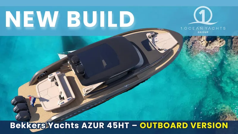 Slide: The Image of New Bekkers Yachts AZUR 45HT outboard version on turquoise water. - 18