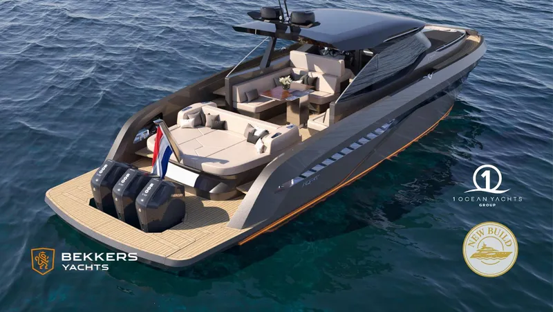 Slide: The Image of Luxury Bekkers Yachts AZUR 45HT, 2026 model, cruising on open water with sleek design. - 9
