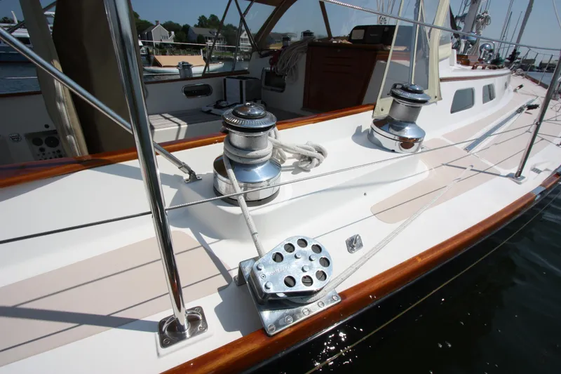 Slide: The Image of Hinckley Sou'wester 51 sailboat deck, 1993 model, featuring winches and rigging details. - 15
