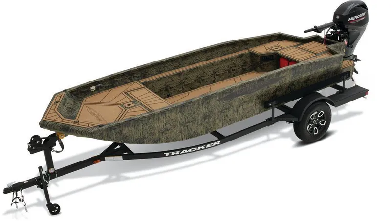 Slide: The Image of 2025 Tracker Grizzly 1650 T Prairie Wings Edition boat on trailer, camo design. - 20