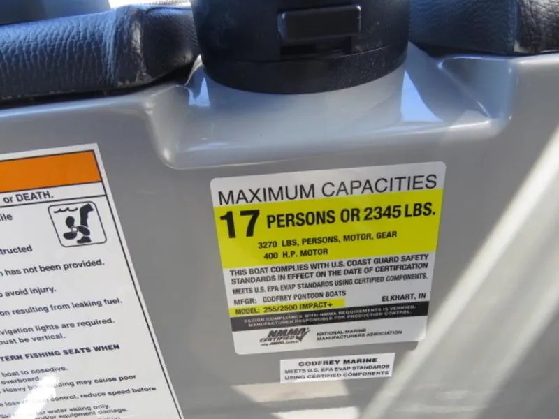 Slide: The Image of Capacity label on 2023 Godfrey AquaPatio 255 ULC, max 17 people or 2345 lbs. - 11