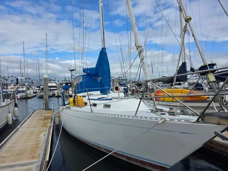 The Image of 1982 Stevens 40" sailboat docked at marina under cloudy sky. - 0