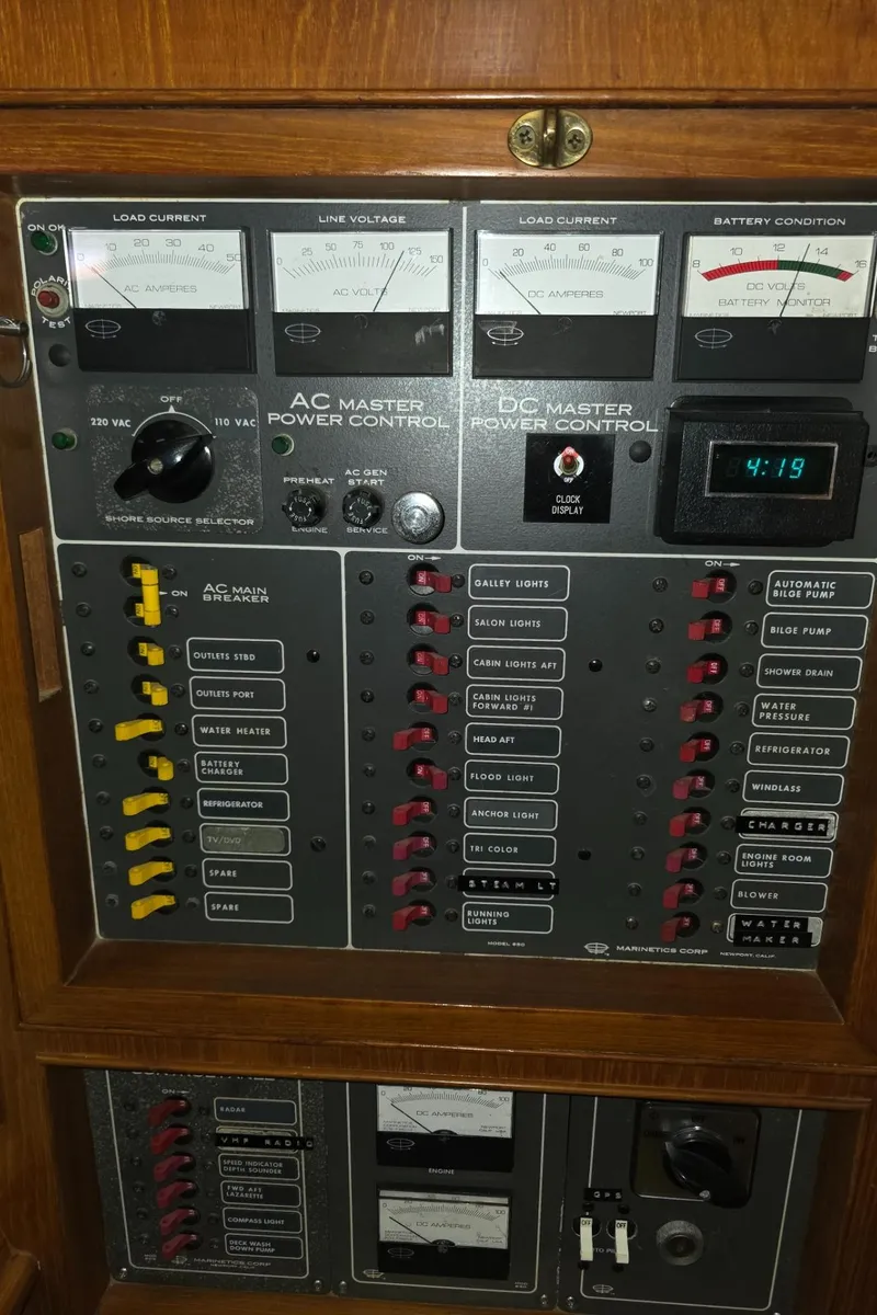 Slide: The Image of 1982 Stevens 40" AC master power control panel with gauges and switches. - 25