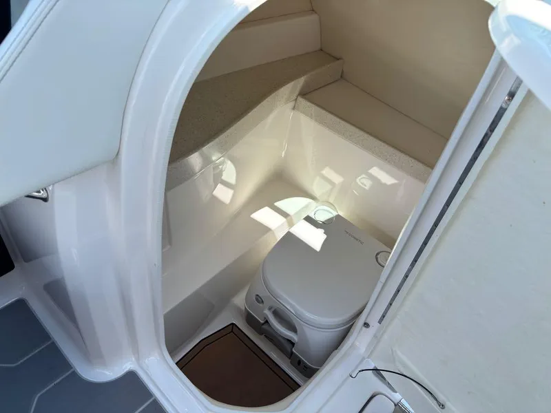 Slide: The Image of 2019 Regal 25 RX Surf boat interior with compact marine toilet. - 9