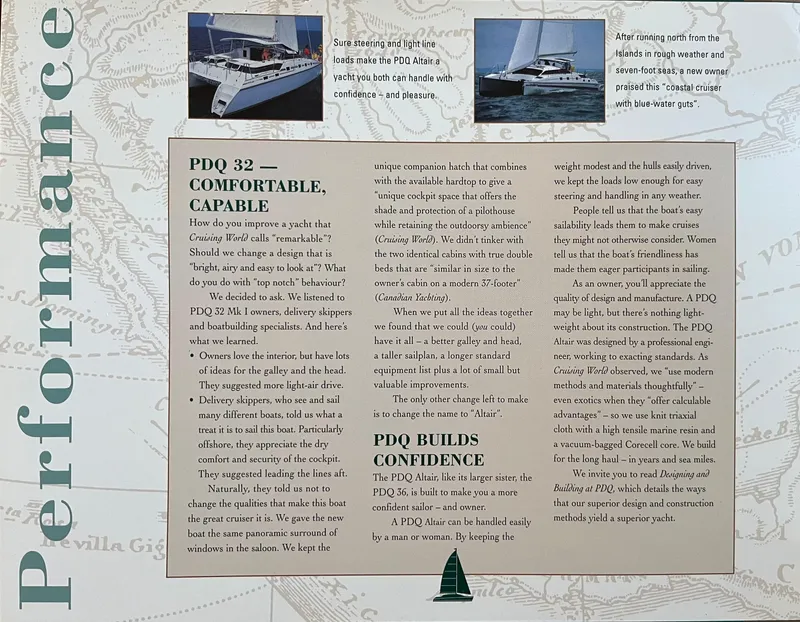 Slide: The Image of PDQ 32 yacht brochure highlighting performance, comfort, and design features for confident sailing. - 3