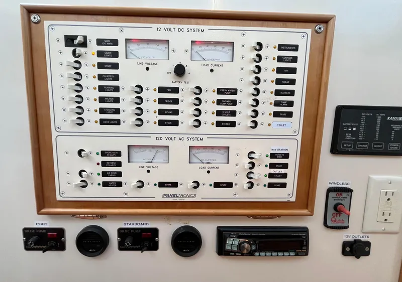 Slide: The Image of Electrical control panel on a 2003 PDQ 32 boat, featuring 12V and 120V systems. - 32