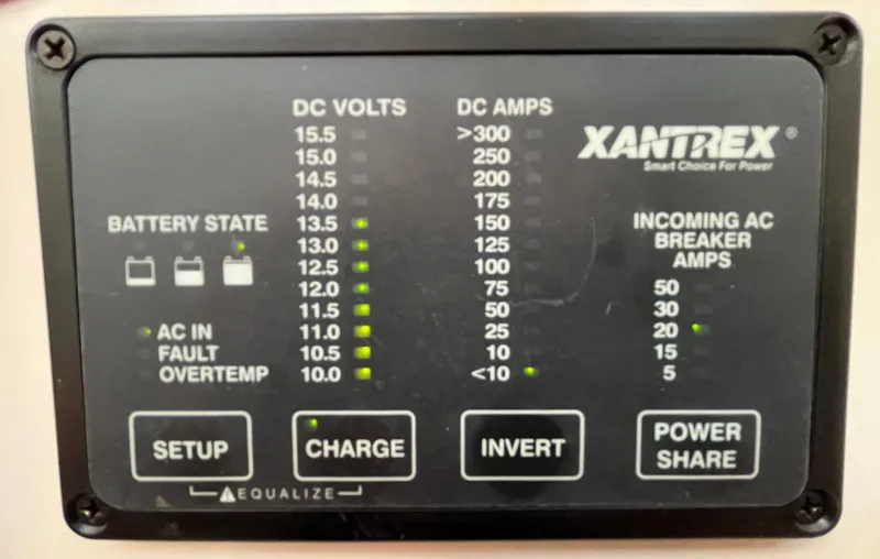 Slide: The Image of Xantrex power control panel with battery state, DC volts, and amps indicators. - 33