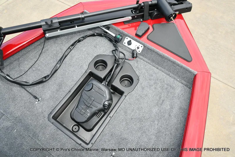 Slide: The Image of 2025 Tracker Pro Team 190 TX boat deck with trolling motor and foot pedal controls. - 40