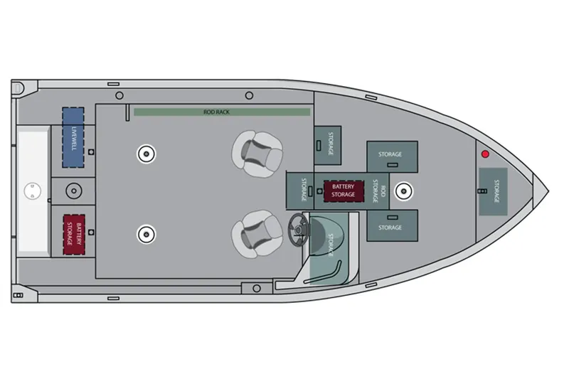 Slide: The Image of 2014 Alumacraft Competitor 165 CS boat layout with storage, rod rack, and seating. - 35