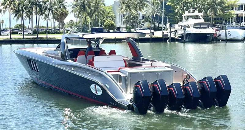 Slide: The Image of 2020 Cigarette 59 Tirranna luxury speedboat with six powerful outboard engines on a sunny day. - 6