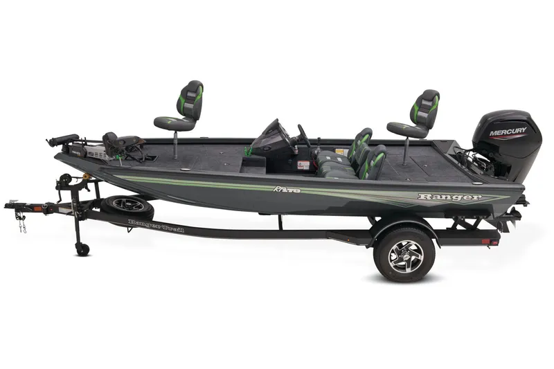 Slide: The Image of 2025 Ranger RT178 boat with Mercury 75 engine displayed in showroom. - 2