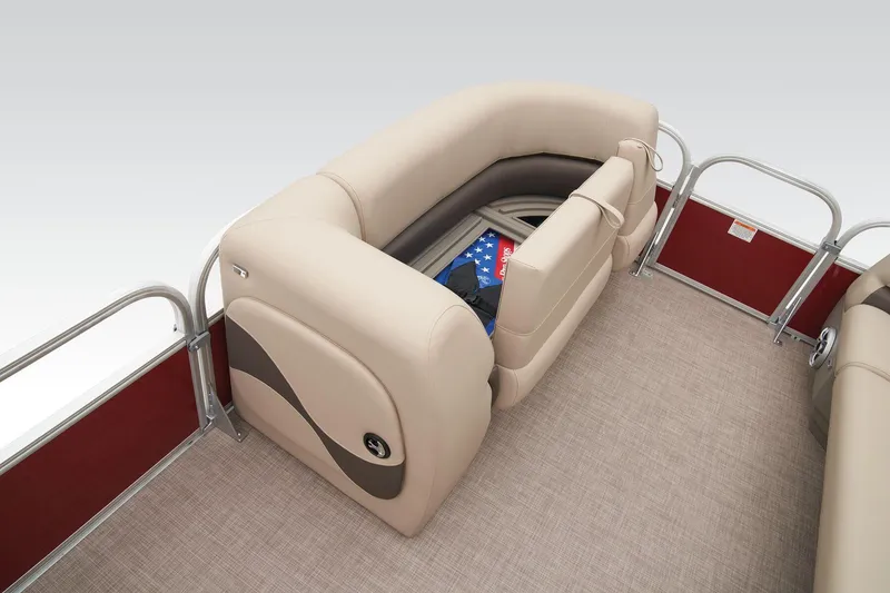 Slide: The Image of 2025 Sun Tracker Party Barge 18 DLX with beige seating and cup holders. - 13